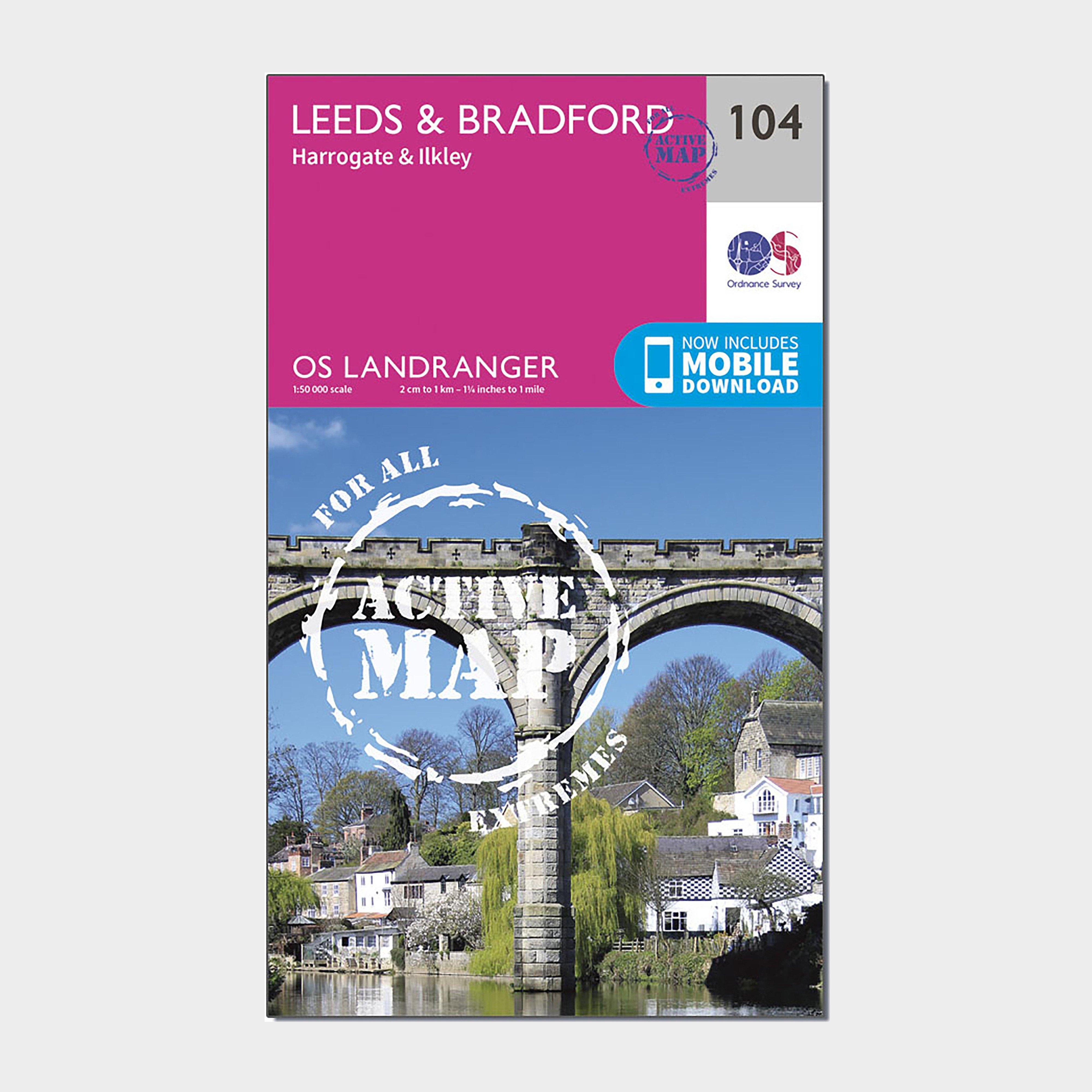 Ordnance Survey Landranger Active 104 LeedsandBradford  HarrogateandIlkley Map With Digital Version  Pink