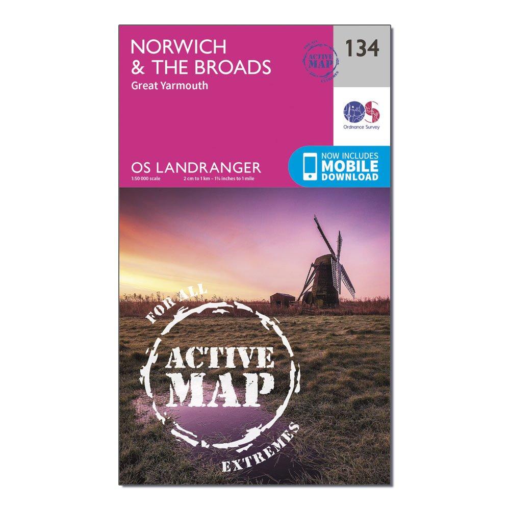 Ordnance Survey Landranger Active 134 NorwichandThe Broads  Great Yarmouth Map With Digital Version  Pink