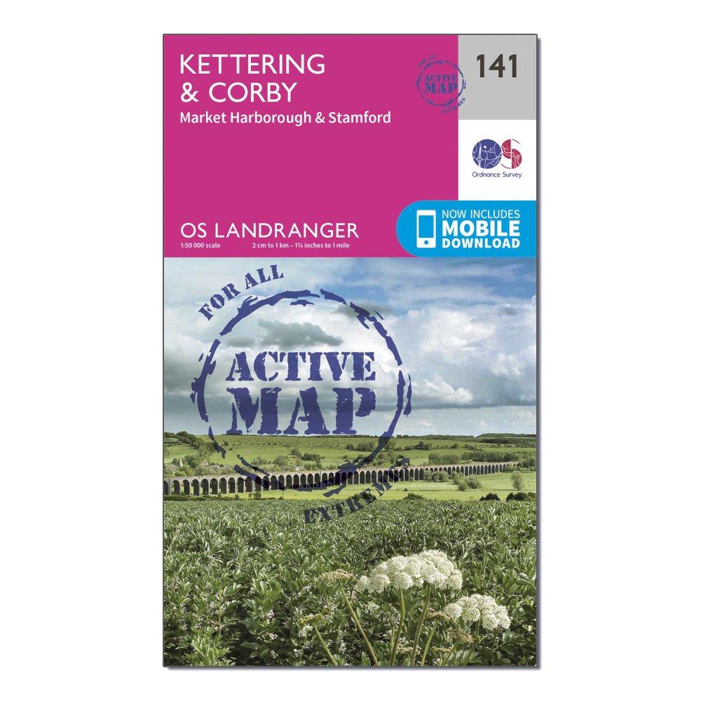 Ordnance Survey Landranger Active 141 KetteringandCorby Map With Digital Version  Pink