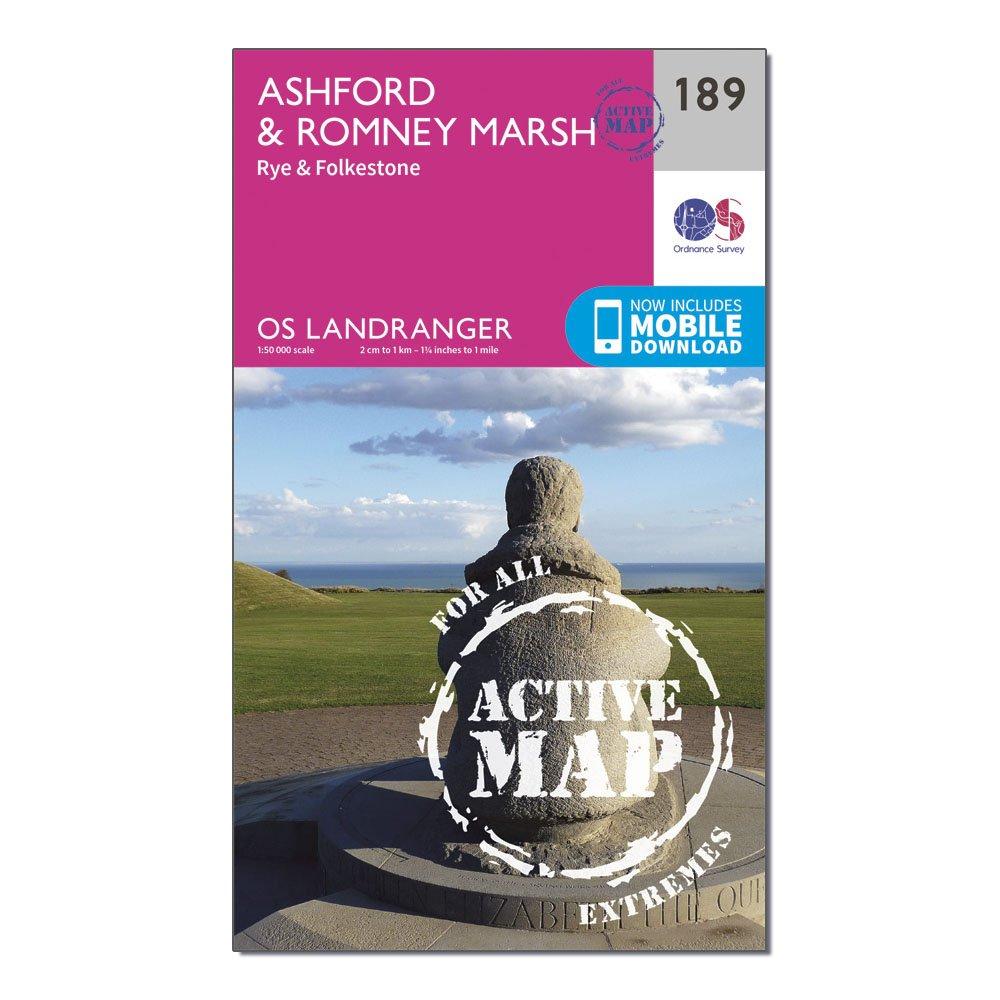 Ordnance Survey Landranger Active 189 AshfordandRomney Marsh  RyeandFolkestone Map With Digital Version  Pink