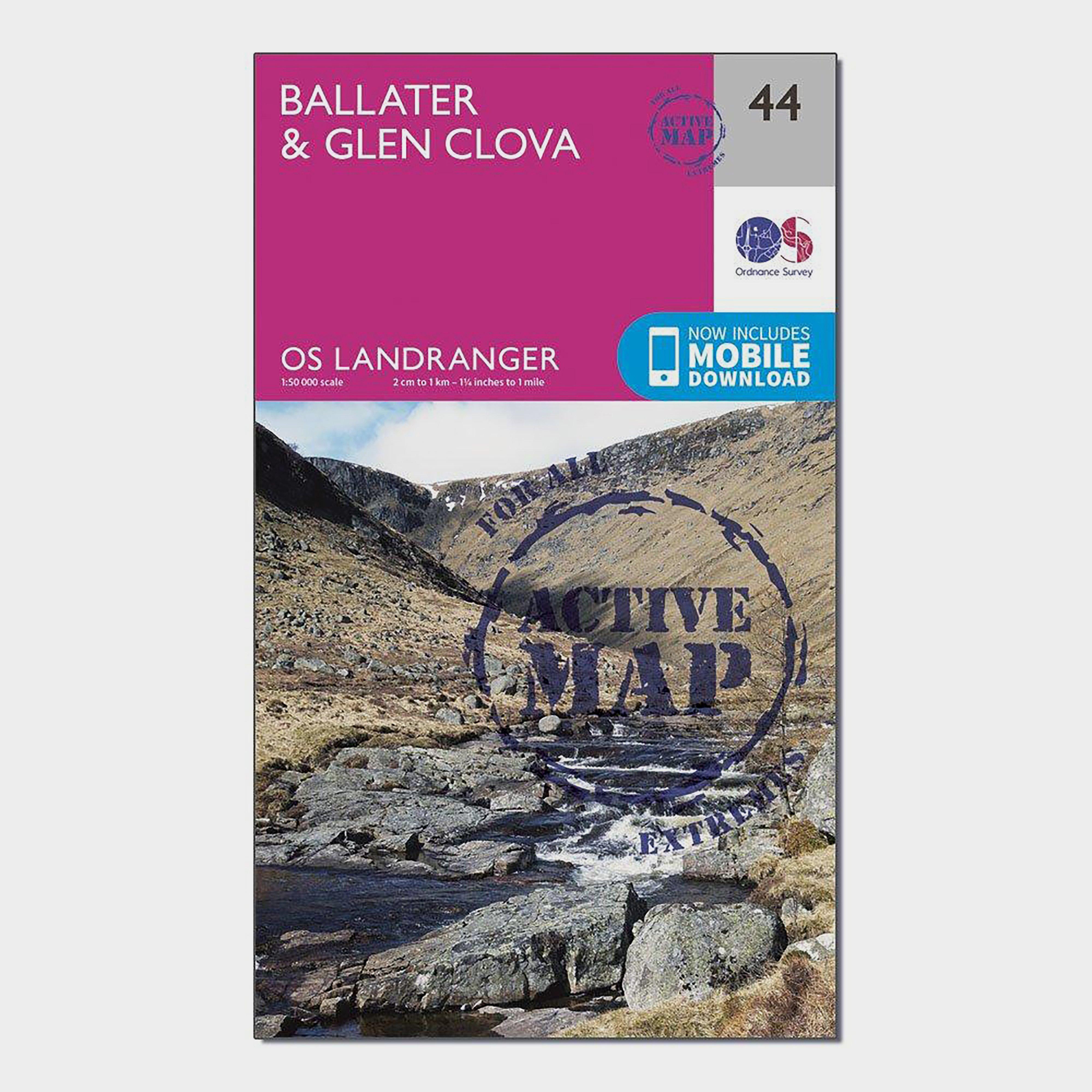 Ordnance Survey Landranger Active 44 BallaterandGlen Clova Map With Digital Version - Pink/d  Pink/d