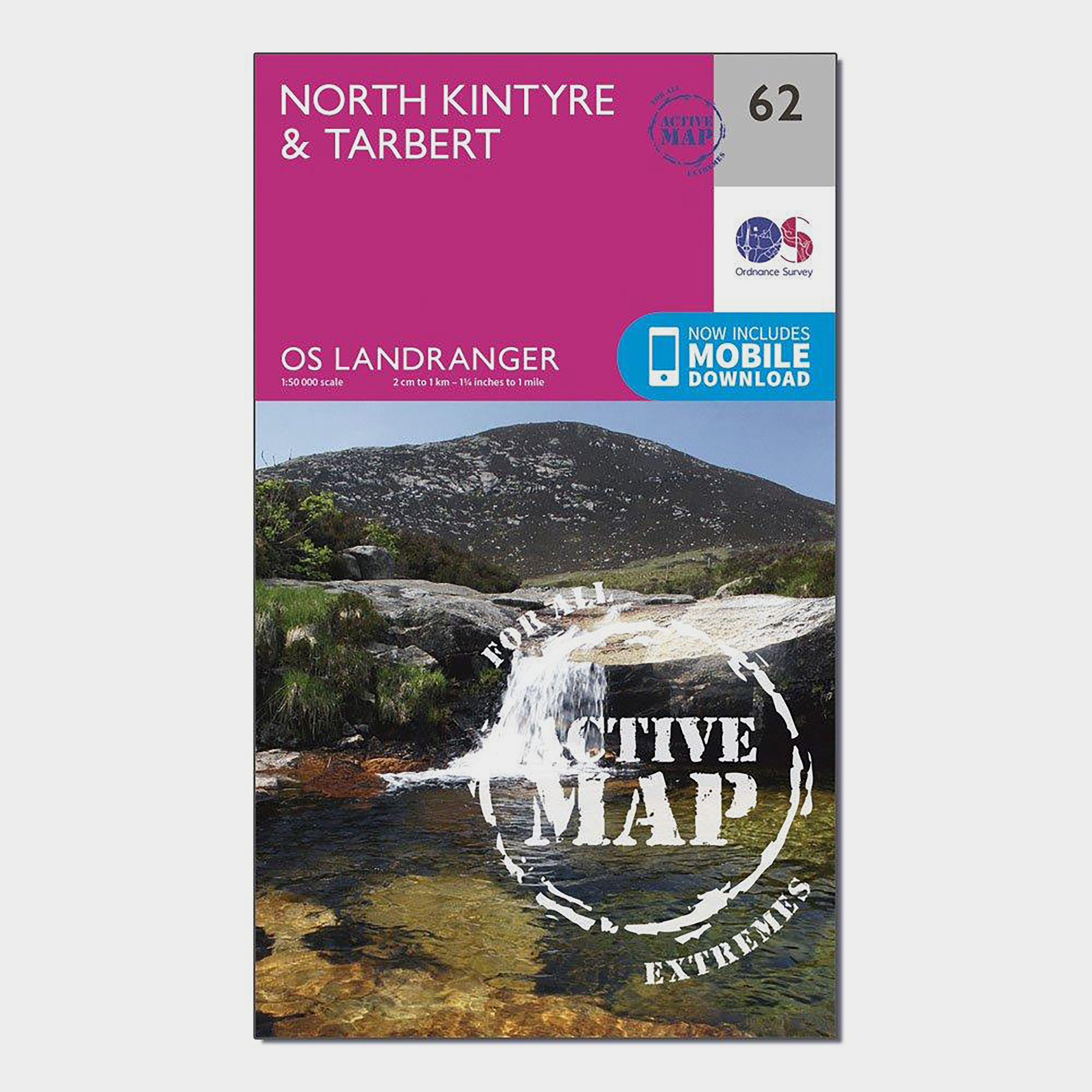 Ordnance Survey Landranger Active 62 North KintyreandTarbert Map With Digital Version - Pink/d  Pink/d