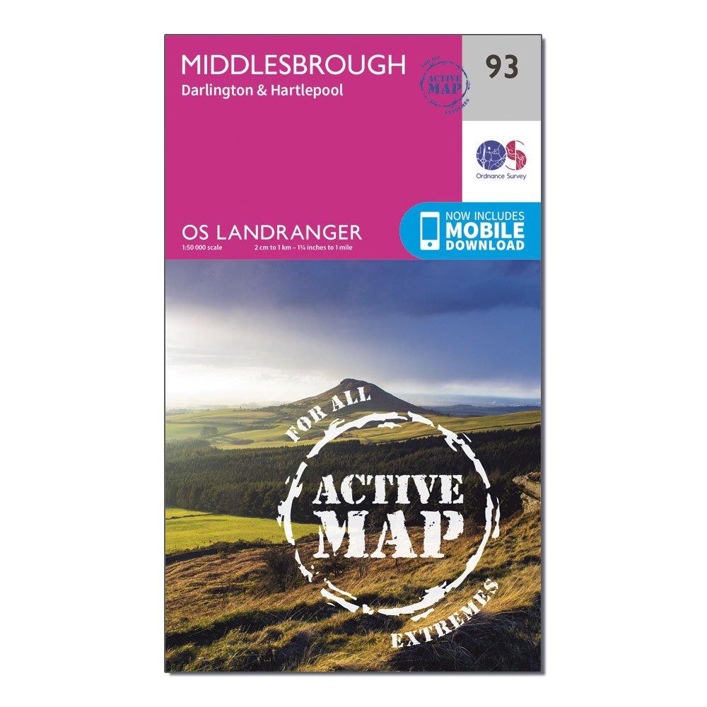 Ordnance Survey Landranger Active 93 Middlesbrough  DarlingtonandHartlepool Map With Digital Version - Pink/d  Pink/d