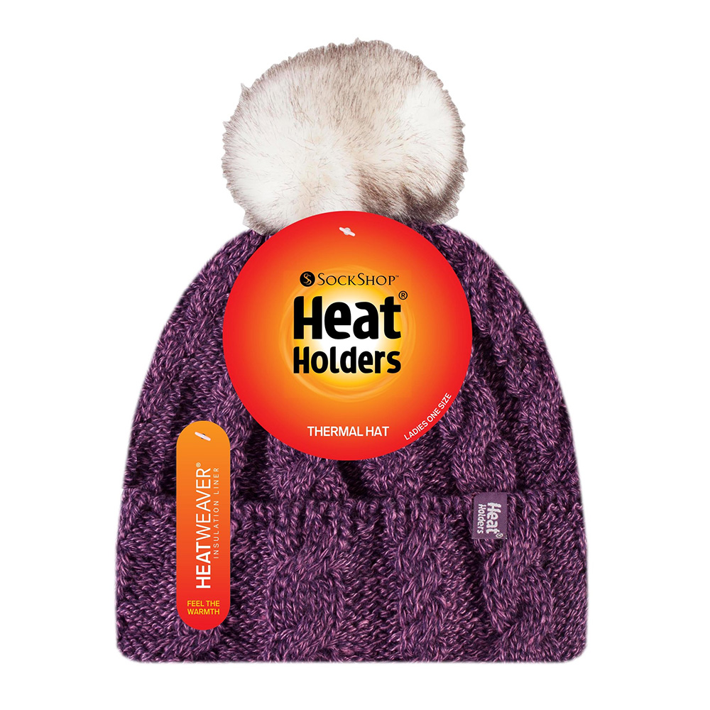 Heat Holders Womens Pom Pom Cable Knit Hat-purple