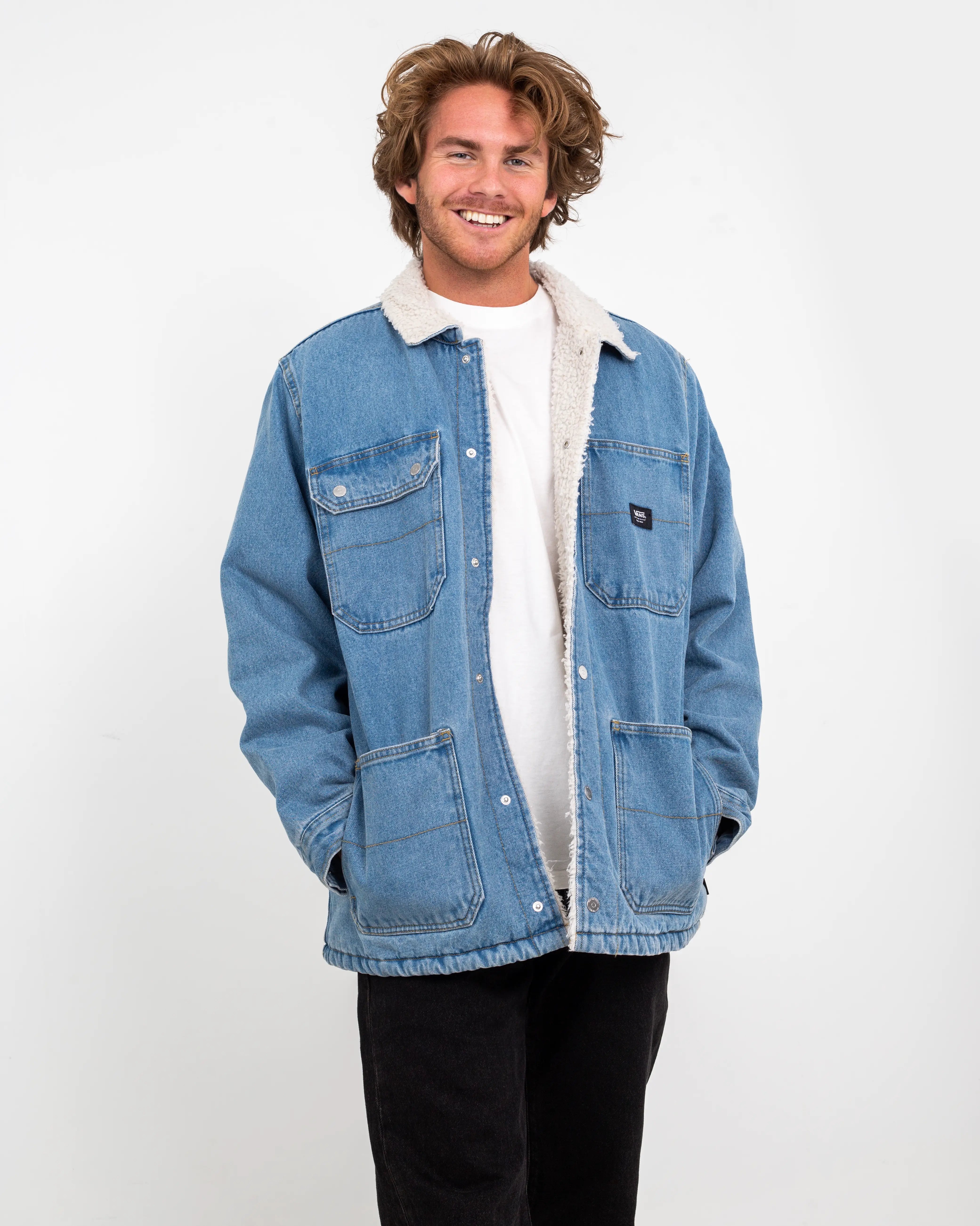 Drill Chore Denim Sherpa Jacket In Stonewash Blue