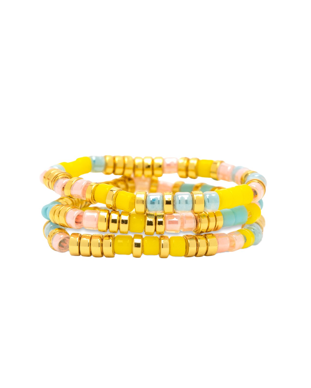 Mixed Seed Bead Gold Stretch Ring (3 Pack) In Sunset Beach
