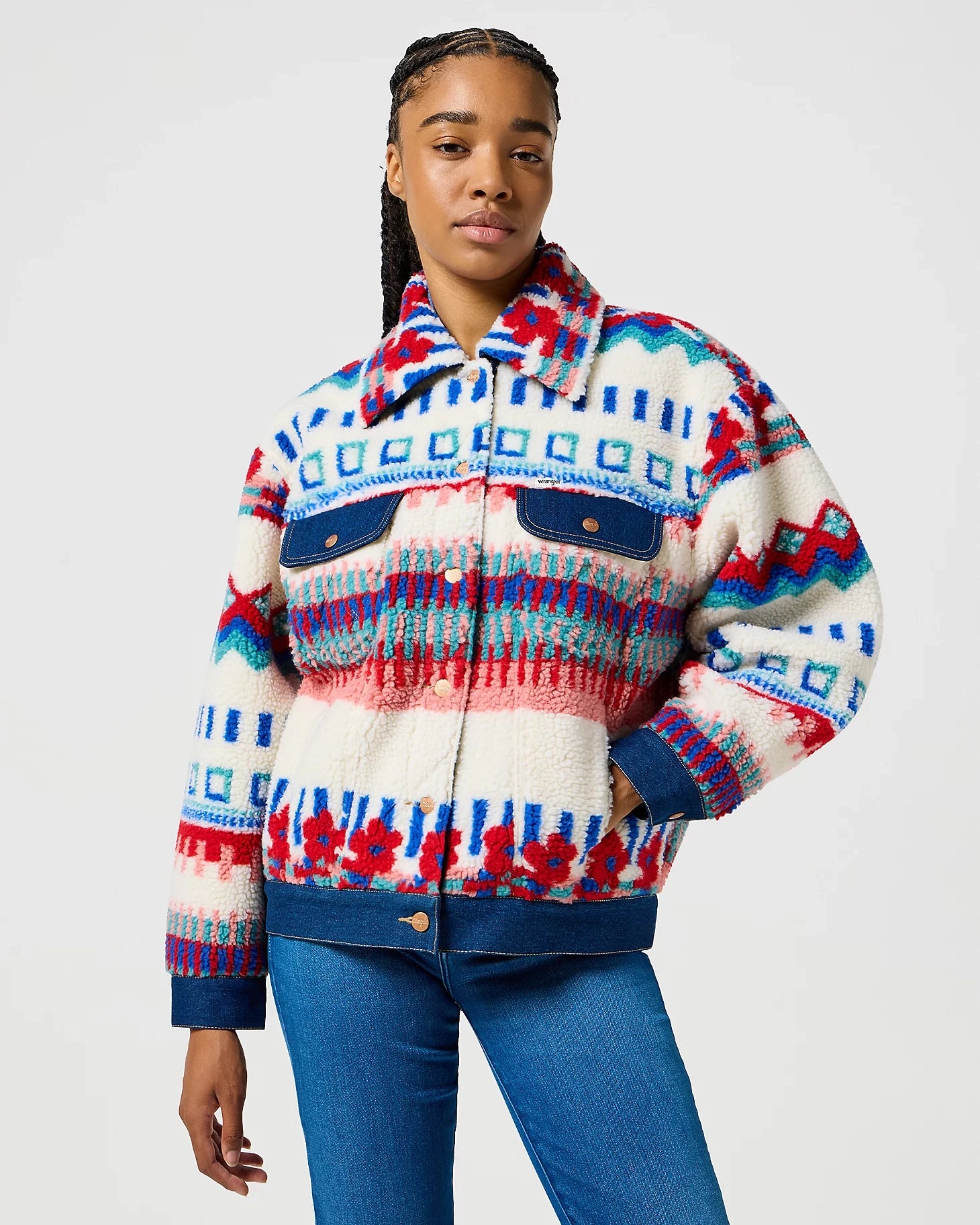 Sherpa Trucker Fleece Jacket In Fun Floral