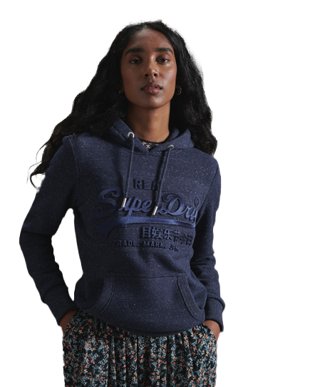 Vintage Logo Tonal Embossed Satin Hoodie In Rich Navy Snowy