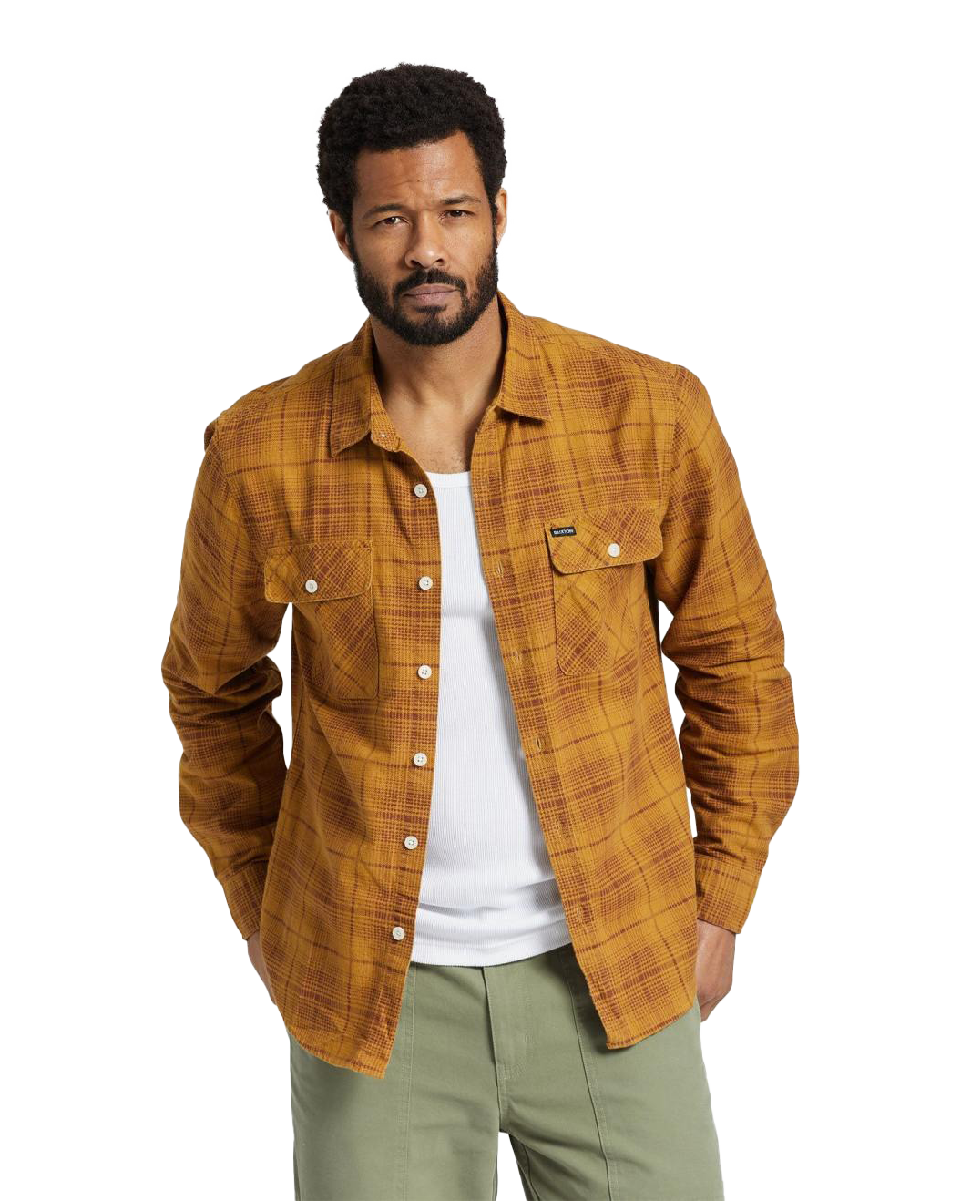 Bowery Summer Weight Flannel Shirt In MustardandBrownandRed Brown
