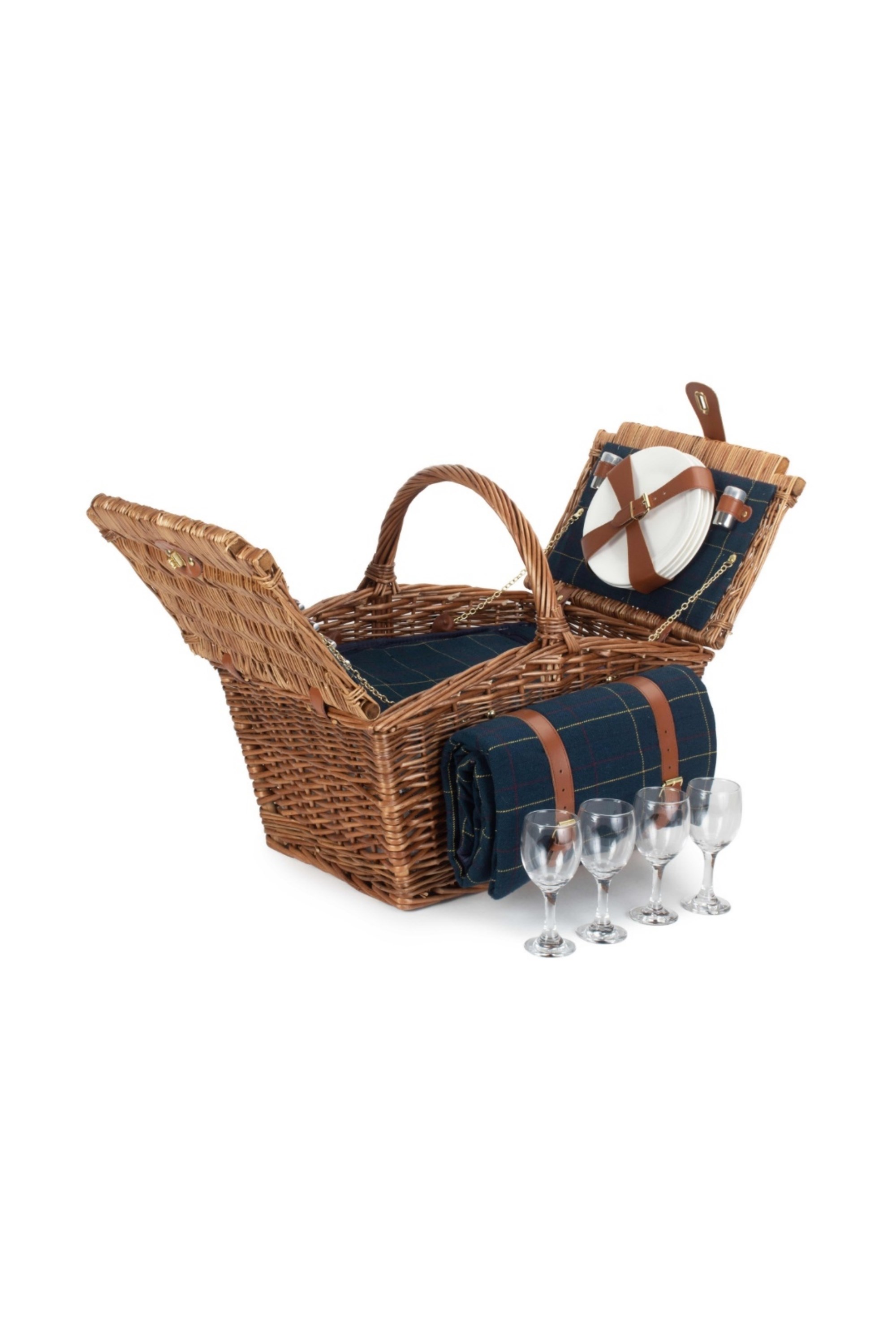 Elegant 4 Person Blue Tweed Fitted Picnic Basket -