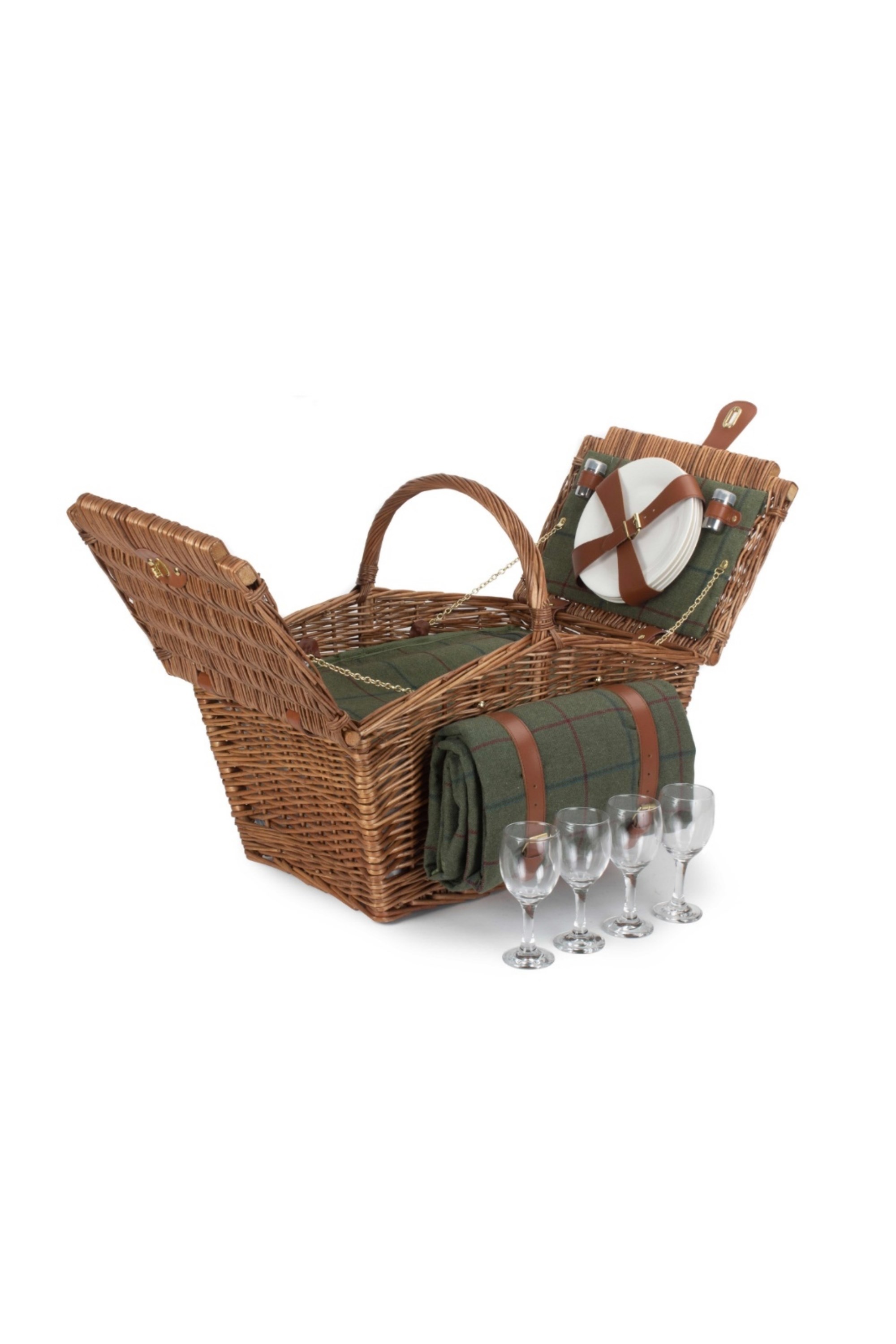 Elegant 4 Person Green Tweed Fitted Picnic Basket -