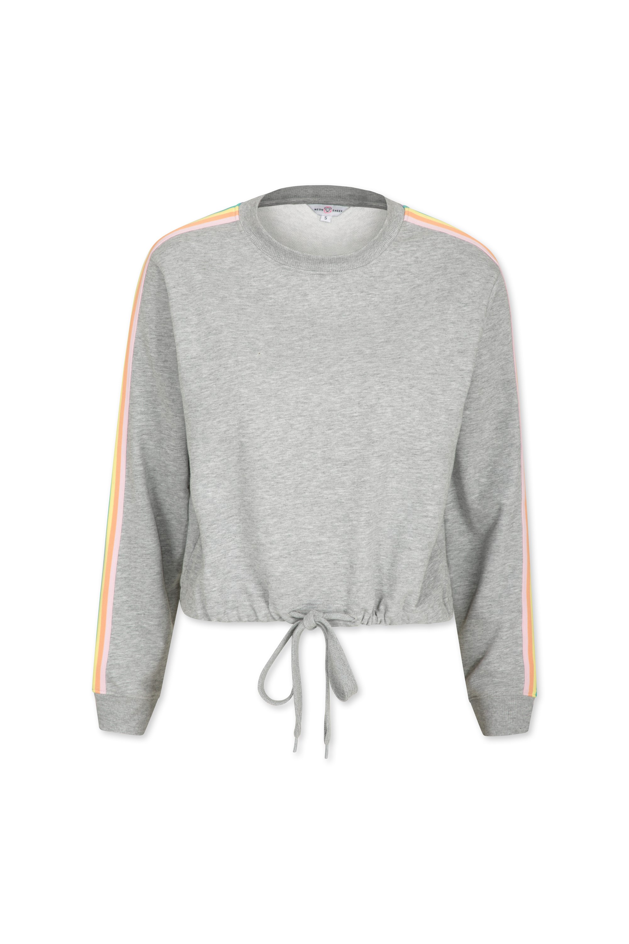 Neon Sheep Stripe Sleeve Cropped Tie Sweater - Grey