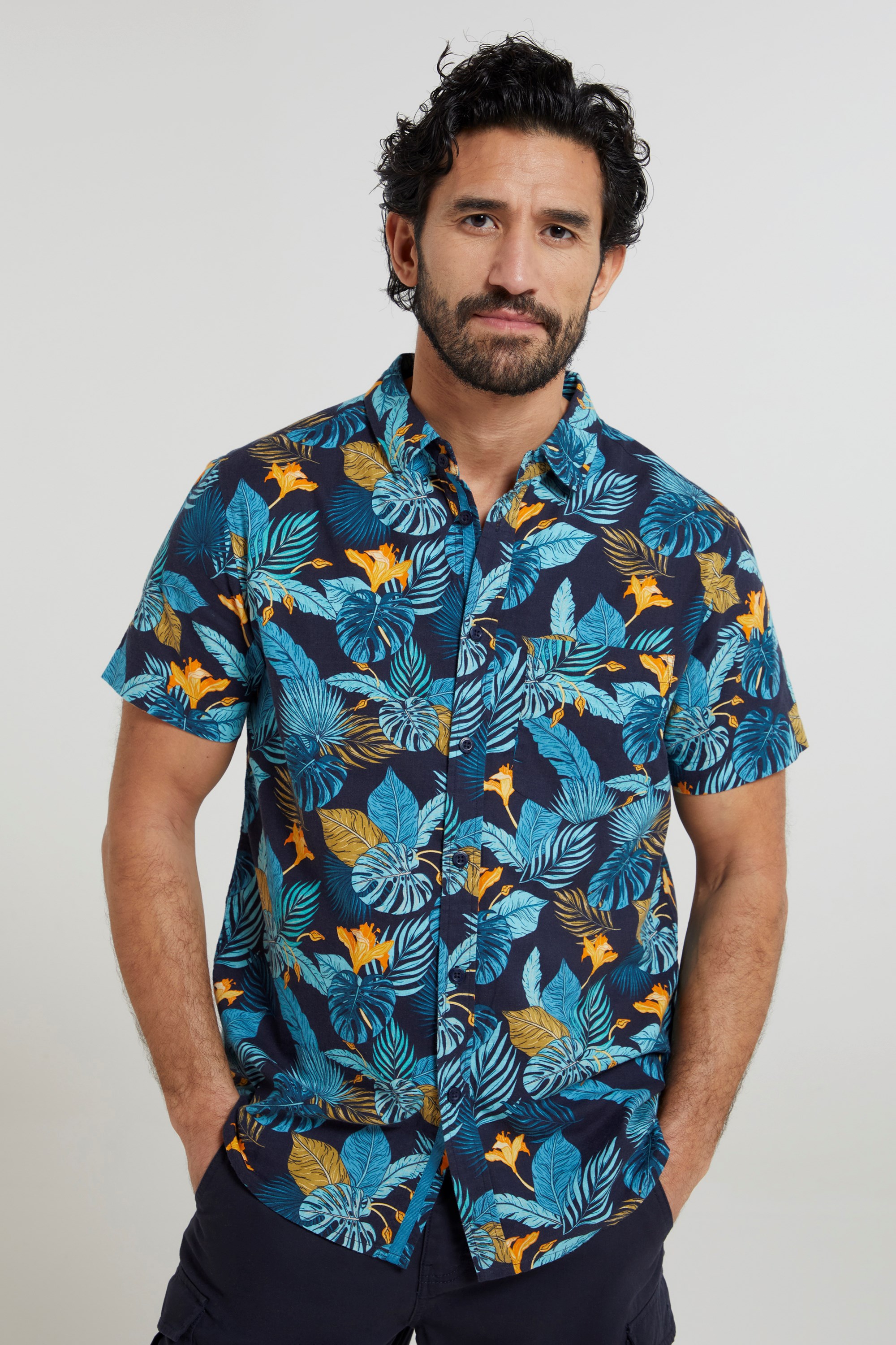 Tropical Printed Mens Short Sleeved Shirt - Blue