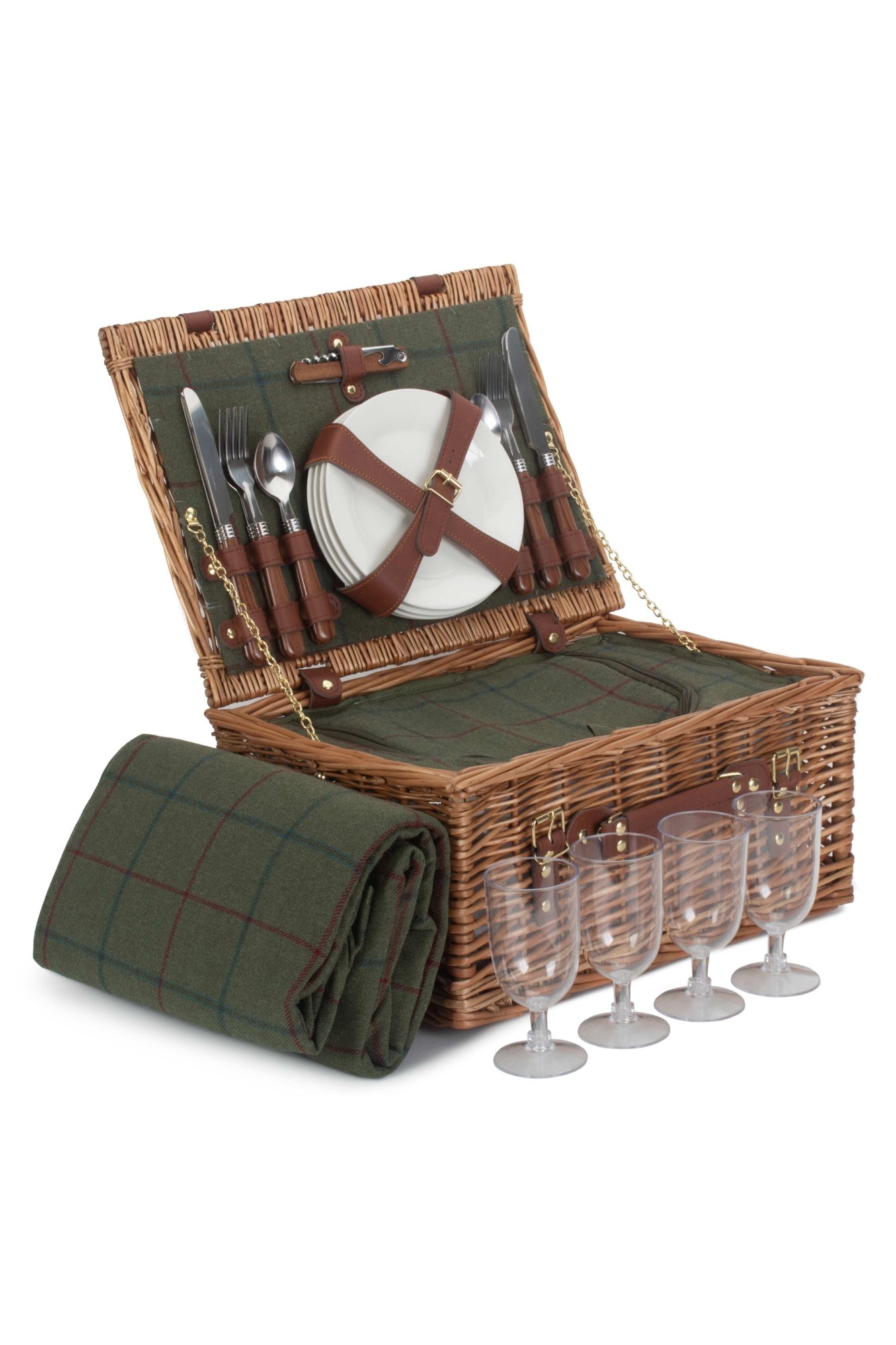 Wicker 4 Person Green Tweed Classic Picnic Basket -