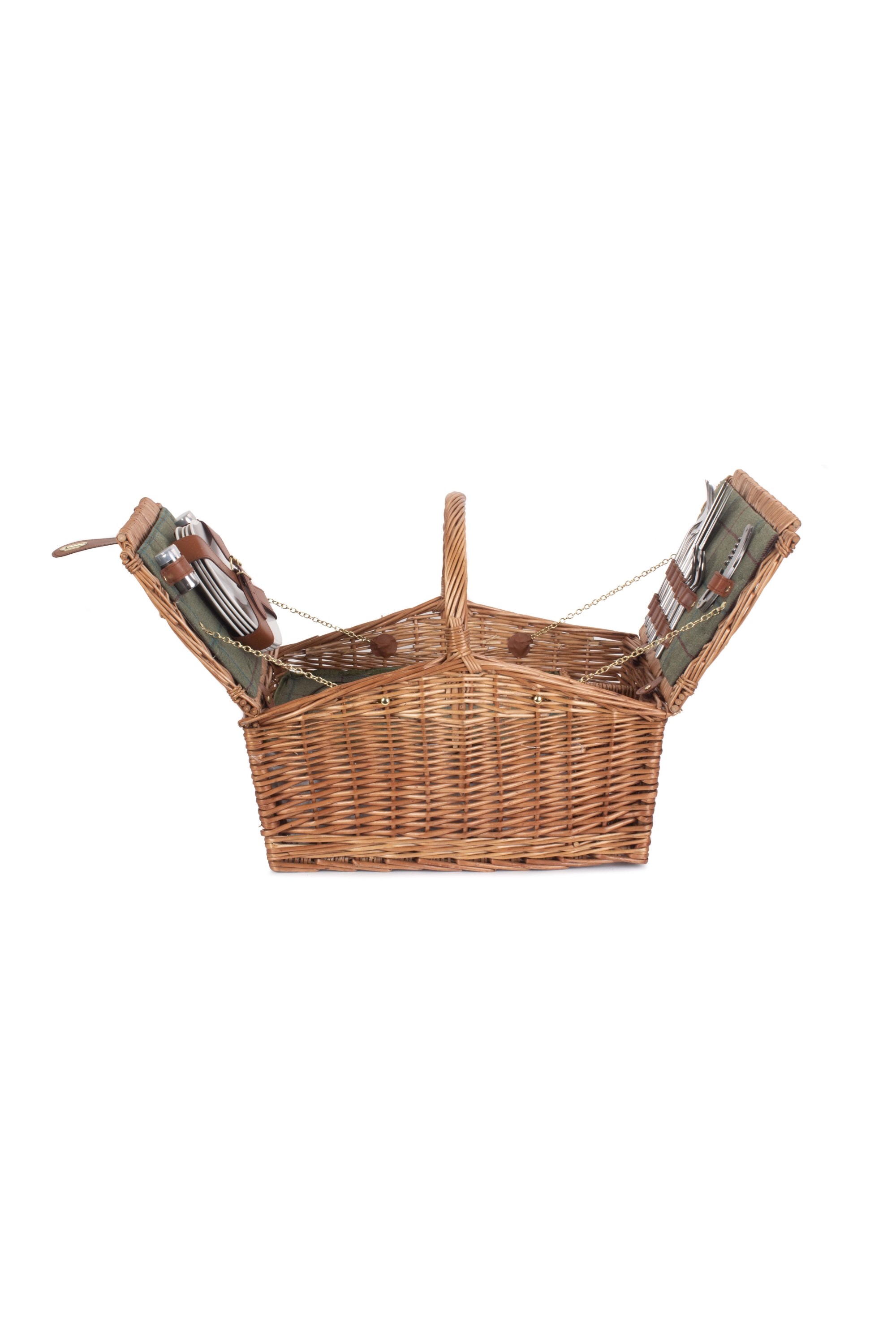 4 Person Double Lidded Green Tweed Picnic Basket -