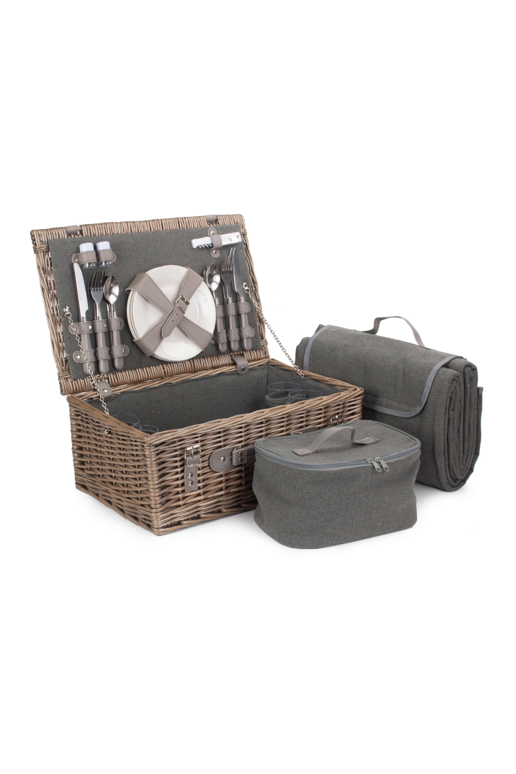 4 Person Grey Tweed Fitted Picnic Basket -