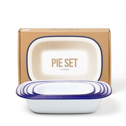 Falcon Enamelware  Pie Set  Enamel Pie Dishes  White W/ Blue Rim
